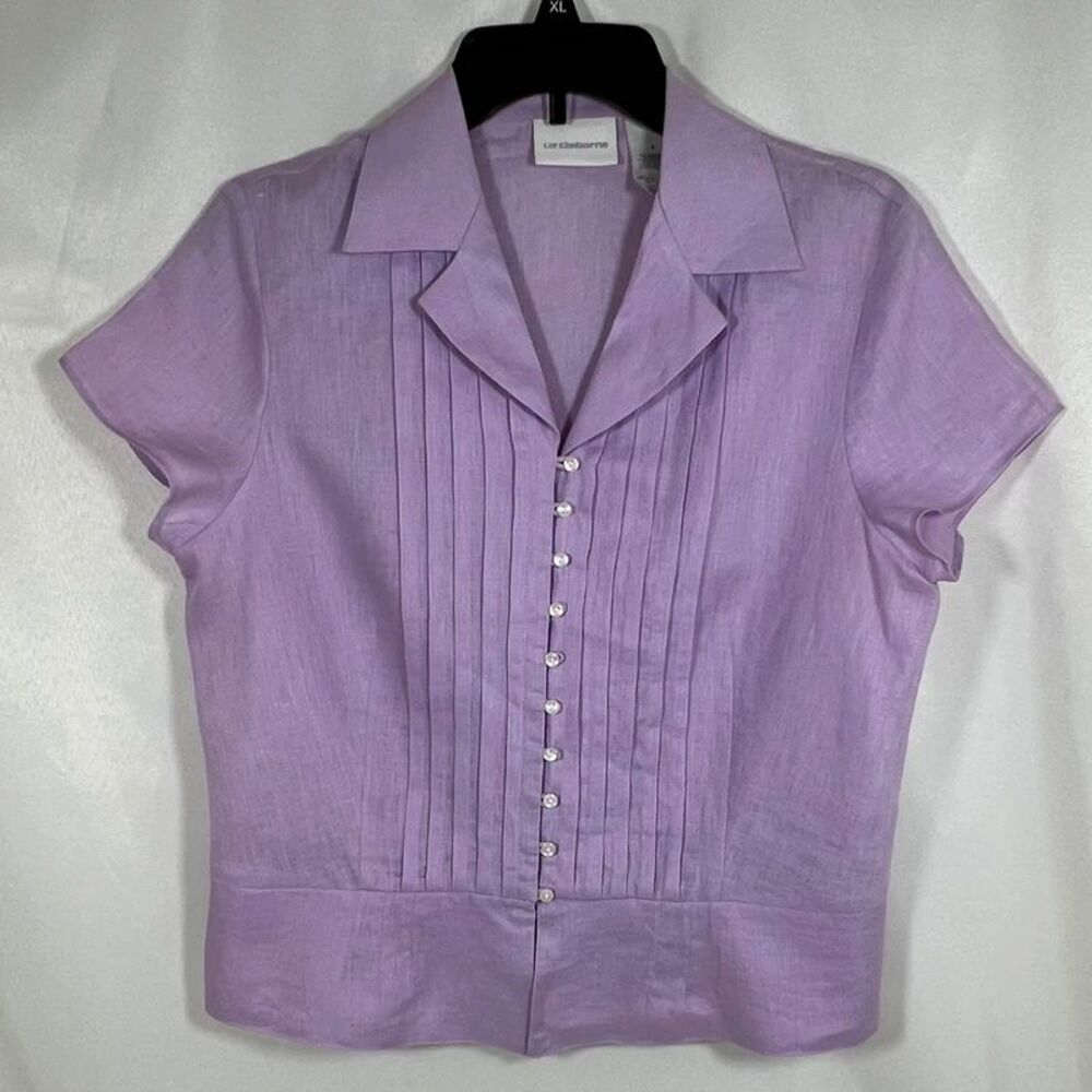 Liz Claiborne Lavender Linen Pintuck Short Sleeve Camp Collar Blouse Size 8
